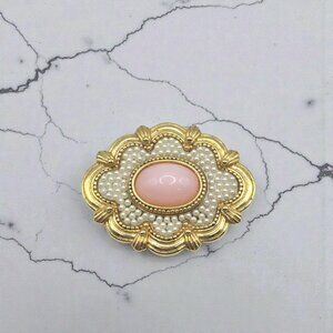 Pink Cabochon and Faux Pearl Gold-Tone Brooch